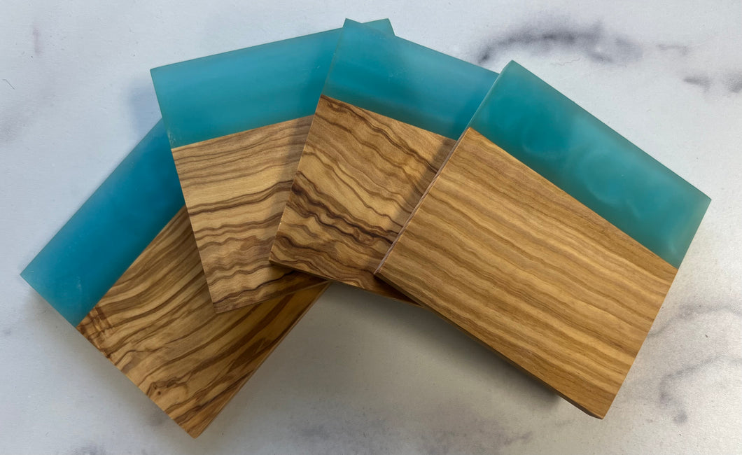 Resin and Olive Wood Coasters (set of 4) (6 color choices)
