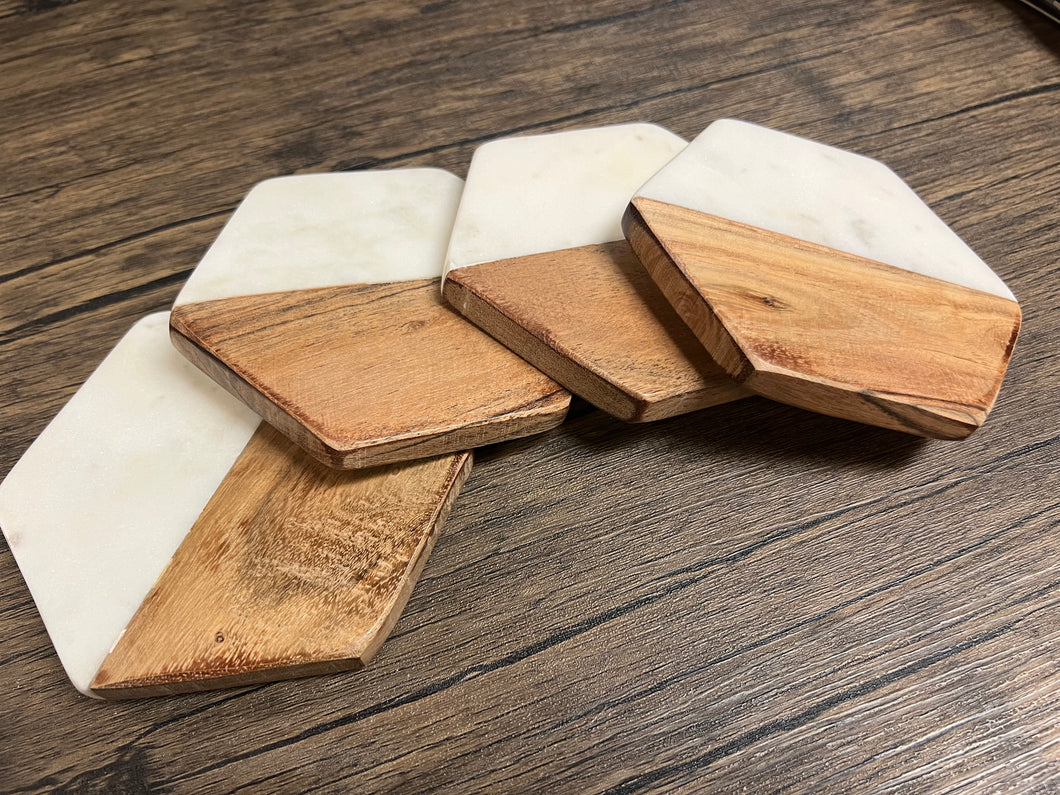 Hexagon Acacia and Marble Coaster Set of 4